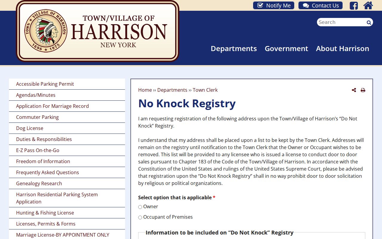 Harrison neighbors reference showing the address-keyed no-knock form