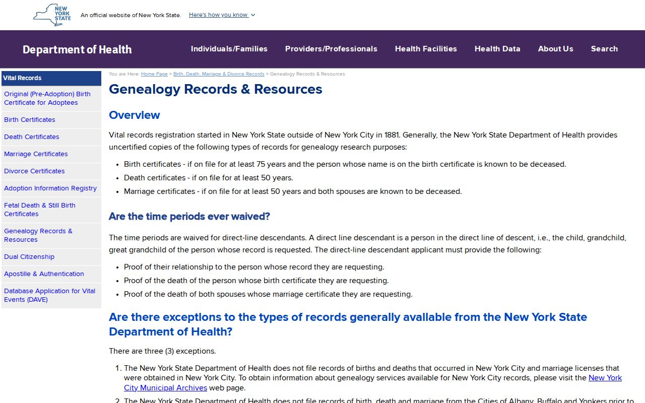 Harrison resident lookup reference to New York vital genealogy rules