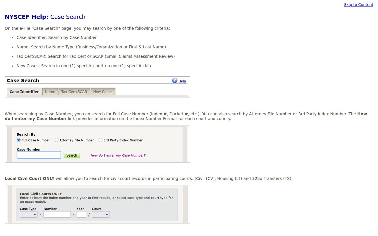 Harrison resident lookup reference showing NYSCEF case-search options
